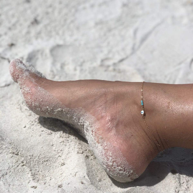 [Australia] - Mevecco Pearl Anklet Handmade 18k Gold Plated Dainty Boho Beach Cute Ankle Bracelet Adjustable Wafer Layered Turquoises Dangle Coins Foot Chain for Women 3 turquoise evil eye 