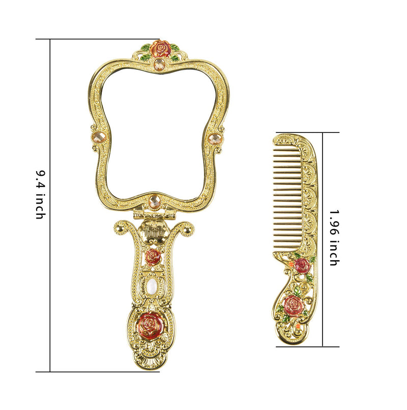 [Australia] - Nerien Antique Mirror Comb Set Vintage Metal Handheld Makeup Mirror with a Comb Russian Style Embossed Rose Hand Mirror Travel Portable Foldable Mirror Decorative Tabletop Stand Mirror Gold-1 