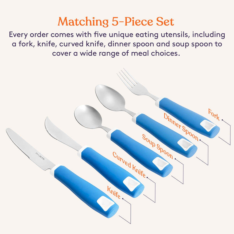 [Australia] - Special Supplies Adaptive Utensils 5-Piece Set Non-Weighted, Non-Slip Handles for Hand Tremors, Arthritis, Parkinson’s or Elderly Use - Stainless Steel Knife, Rocker Knife, Fork, Spoons - Blue 