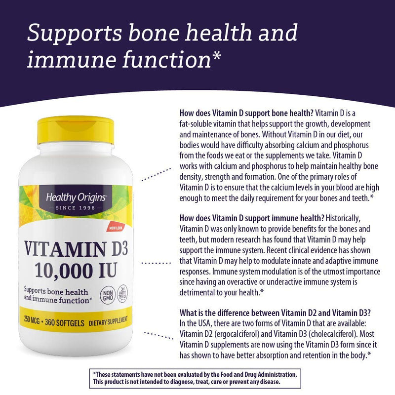 [Australia] - Healthy Origins Vitamin D3 10,000 IU (Non-GMO), 360 Softgels 360 Count (Pack of 1) 