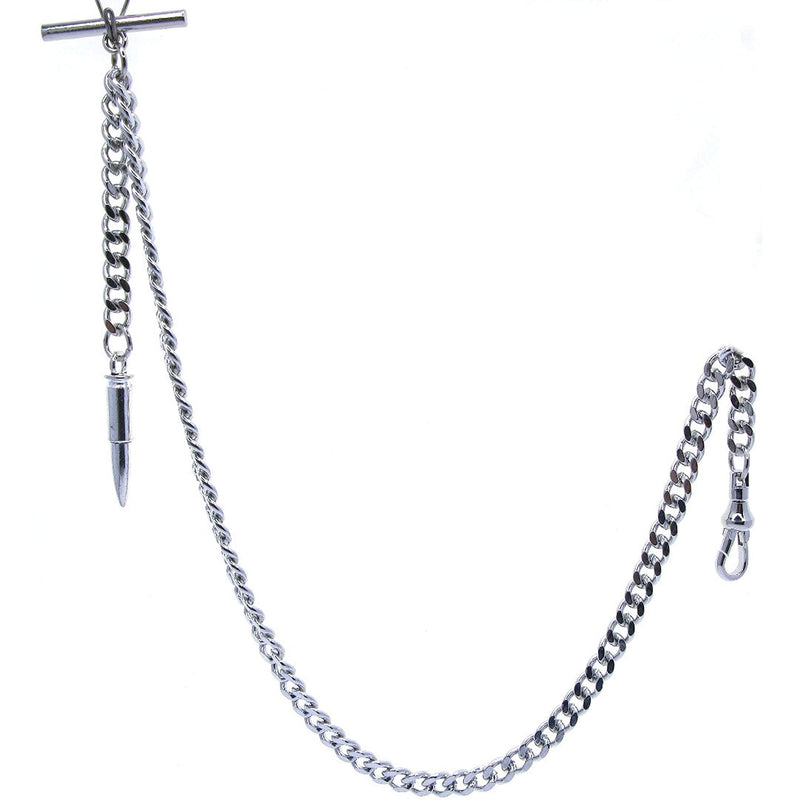 [Australia] - WATCHVSHOP Albert Chain Silver Tone Fine Polish Pocket Watch Chain Vest Chain with Bullet Design Fob on Drop T Bar Swivel Clasp AC152A 