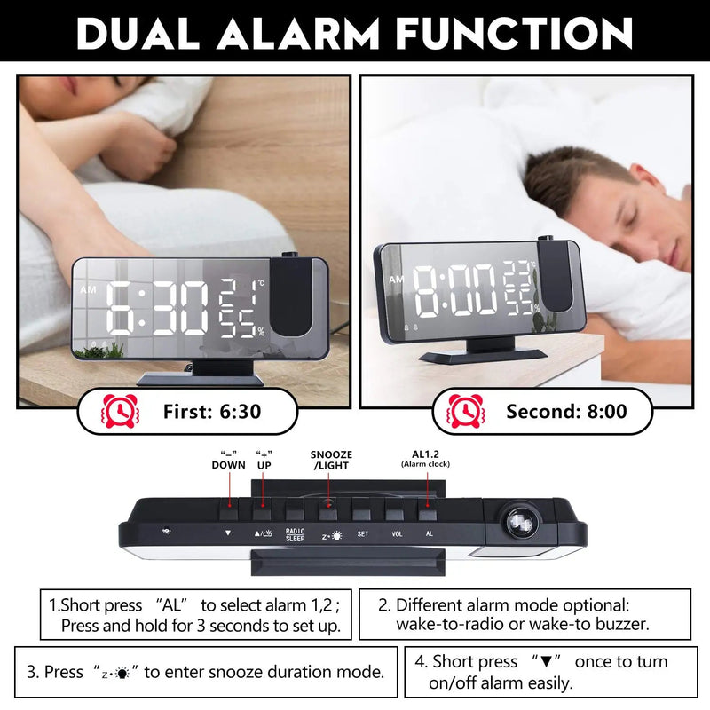[Australia] - Projection Digital Alarm Clock for Bedrooms, Radio Alarm Clock on Ceiling, USB Charger Port, Temperature & Humidity Display, 7.3” Large Mirror LED Display,12/24H,Snooze,Dual Loud Alarm Clock- 4 Dimmer Black 