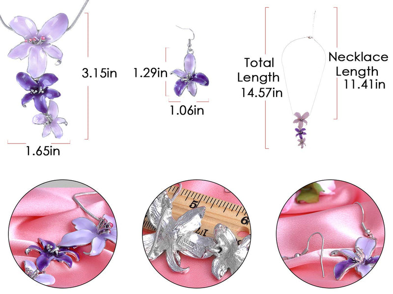 [Australia] - Alilang Silvery Tone Pink Rhinestones Purple Hawaiian Flower Necklace Earrings Set 