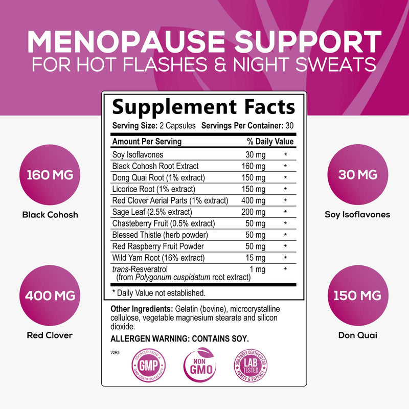 [Australia] - Menopause Supplements for Women - Black Cohosh for Menopause Relief - Hot Flashes, Night Sweats, and Mood Support - Extra Strength Menopause Supplement Complex - USA Formulated, Non-GMO - 60 Capsules 