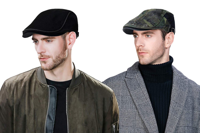 [Australia] - DOCILA 2 Pack Camo Newsboy Cap for Men Cozy Cotton Flat Ivy Gatsbay Hat Breathable Mesh Outdoor Cabbie Beret Hat B-blackgreen 