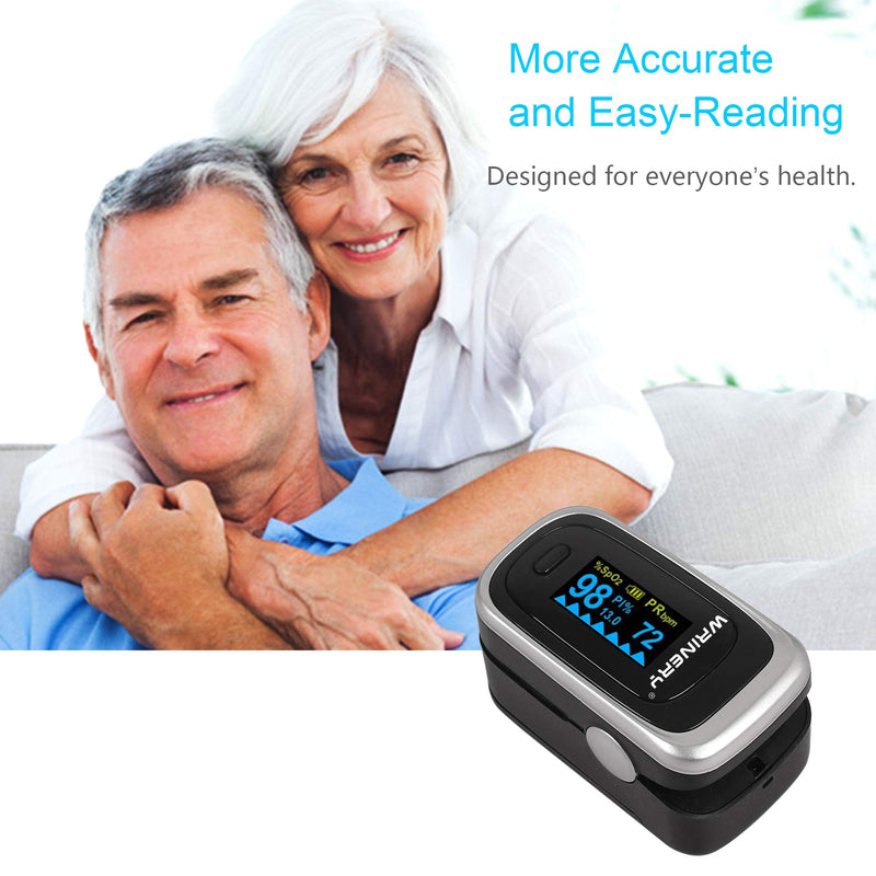 [Australia] - WRINERY Oxygen Saturation Monitor, Pulse Oximeter Fingertip, Oxygen Monitor, O2 Saturation Monitor, OLED Portable Oximetry with Batteries, Lanyard (Royal Black-Silver) 