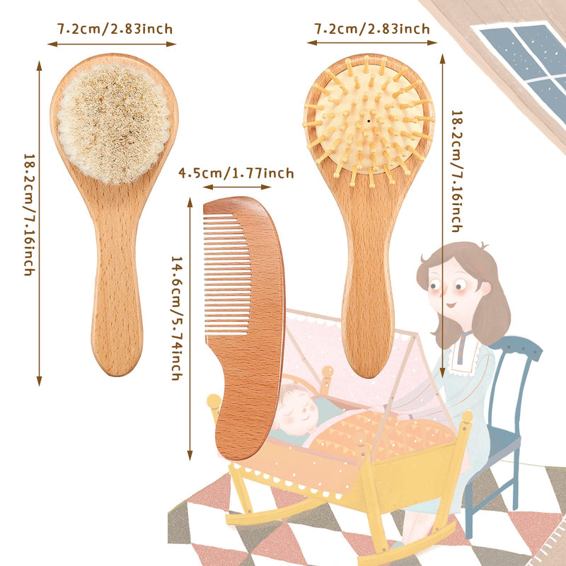 [Australia] - Baby Hair Brush and Comb Set Natural Soft Bristles Hairbrush Anti-Static Wood Massage Hair Comb for Newborns and Toddlers 3Pcs 