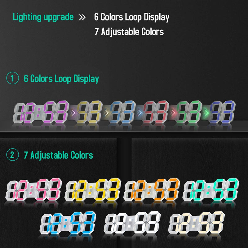 [Australia] - 3D LED Wall Clock 7 Colors 15" with Remote Control,Digital Alarm Clock Adjustable Brightness Timer 12/24 Hr Time/Date/Temperature for Bedroom/ Living Room/Office 15 INCH 