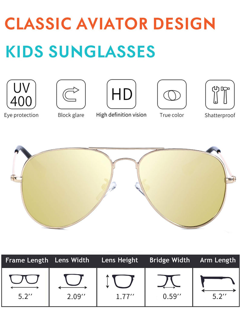 [Australia] - Kids Pilot Polarized Sunglasses for Boys and Girls with Case UVB UV 400 Protection Toddler Eyewear Age 2-12… Gold Frame, Gold Lens Age 5-12, 52 Millimeters 