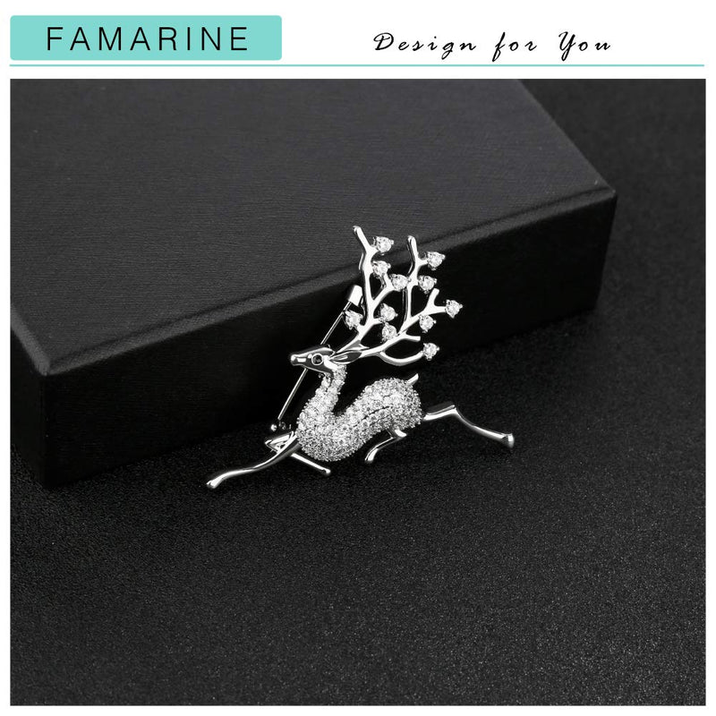 [Australia] - FAMARINE CZ Sika Deer Brooch, Christmas Animals Brooch Pin Paved by Cubic Zirconia Crystals Sliver Deer 
