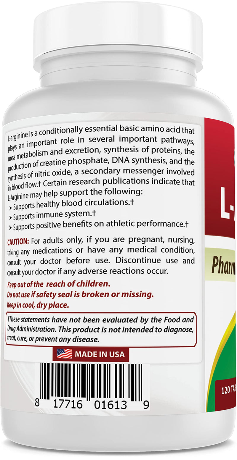 [Australia] - Best Naturals L-Arginine 1000 mg 120 Tablets - Pharmaceutical Grade L Arginine Supplement Promotes Nitric Oxide Synthesis 