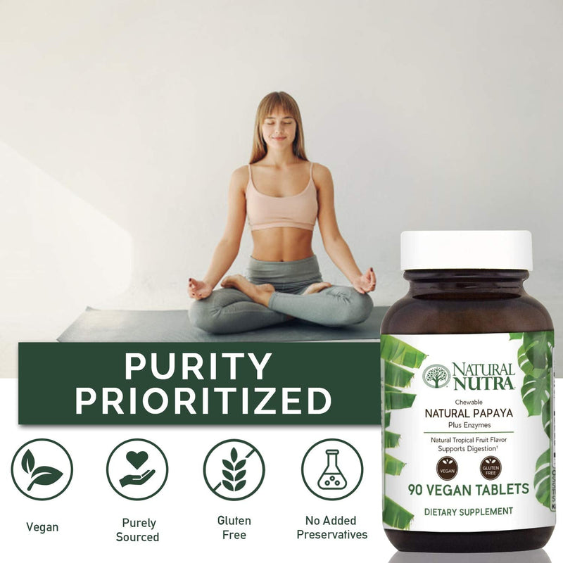 [Australia] - Natural Nutra Papaya Chewable Plant Enzymes Blend for Digestion, Prevent Boating, Supports Body Detox, Helps to Reduce Constipation, Ease Gastointestinal Discomport, 90 Chewable Vegan Tablets 90 Count (Pack of 1) 
