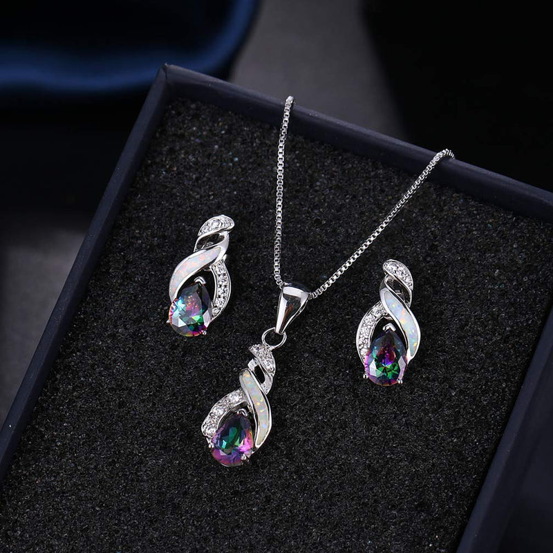 [Australia] - Hermosa Jewelry Sets Australian Opal Blue Sapphire Necklace Earrings JS1 