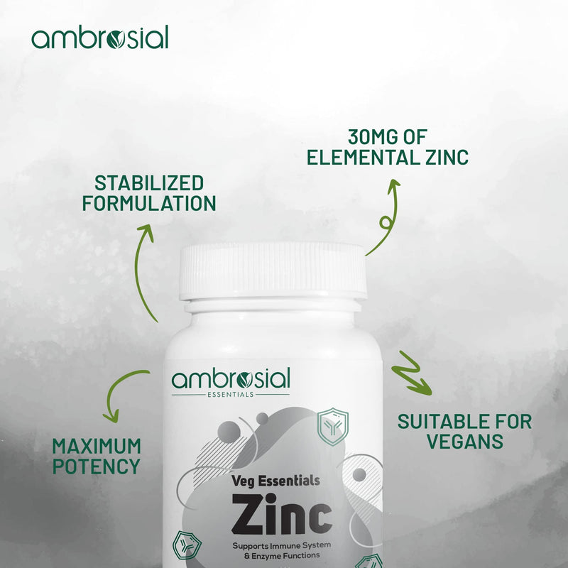 [Australia] - Ambrosial Zinc Tablets High Strength 30 mg | Highly Bioavailable Zinc Supplements for Immune & Metabolism Support (Pack of 1-60 Capsules) 60 Count (Pack of 1) 
