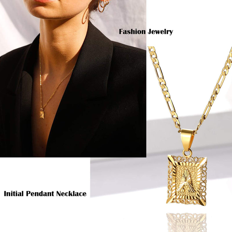 [Australia] - KissYan Initial Letter Pendant Necklace for Mens Womens, 18K Gold Plated Square Capital Monogram Necklace Alhpabets from A-Z Box Figaro Chain Necklace Hollow A hollow out 
