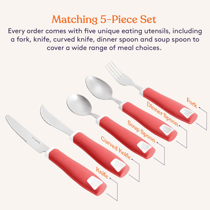 [Australia] - Special Supplies Adaptive Utensils 5-Piece Set Non-Weighted, Non-Slip Handles for Hand Tremors, Arthritis, Parkinson’s or Elderly Use - Stainless Steel Knife, Rocker Knife, Fork, Spoons - Red 