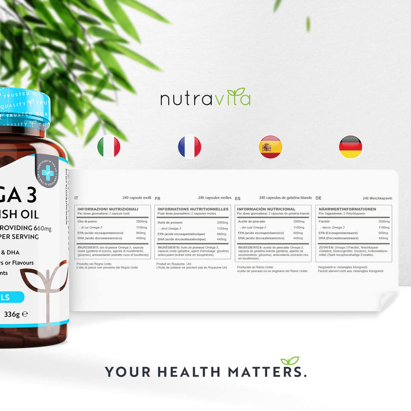 [Australia] - Omega 3 Fish Oil 2000mg – 240 High Strength Capsules (4 Month Supply) – 660mg EPA & 440mg DHA per Daily Serving – Supports Normal Heart Function – Pure Omega 3 Capsules – Made in The UK by Nutravita 