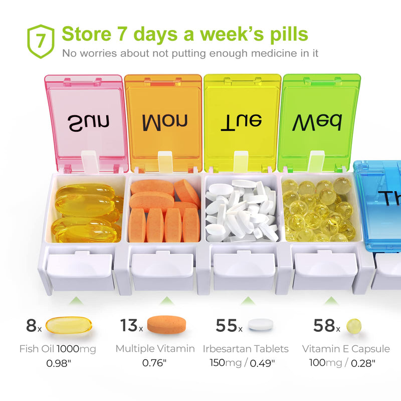 [Australia] - AUVON Weekly Pill Box Organiser, BPA Free Travel Pill Boxes 7 Day 1 Times a Day with Unique Spring Assisted Open Design and Large Tablet Box to Hold Vitamins, Cod Liver Oil, Supplements and Medication A-white 