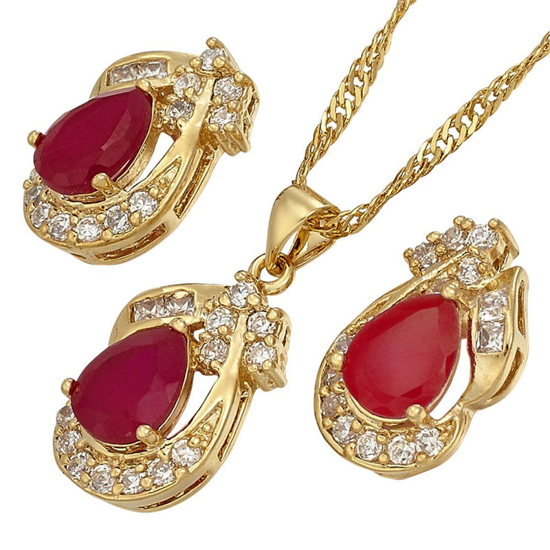 [Australia] - RIZILIA Pear Cut Red Ruby Yellow Gold Plated Jewelry Set, Pendant with 18" Chain Stud Earrings 