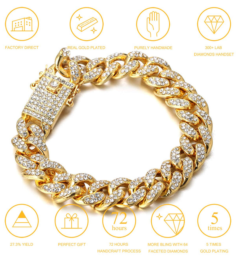 [Australia] - Halukakah Gold Chain for Men Iced Out,14MM/20MM Men's 18k Real Gold Plated/Platinum White Gold Finish Diamond Cuban Link Chain Miami Choker Necklace Bracelet,Full Cz Prong Set,with Giftbox 14MM Gold Plated Bracelet 7.0 Inches 