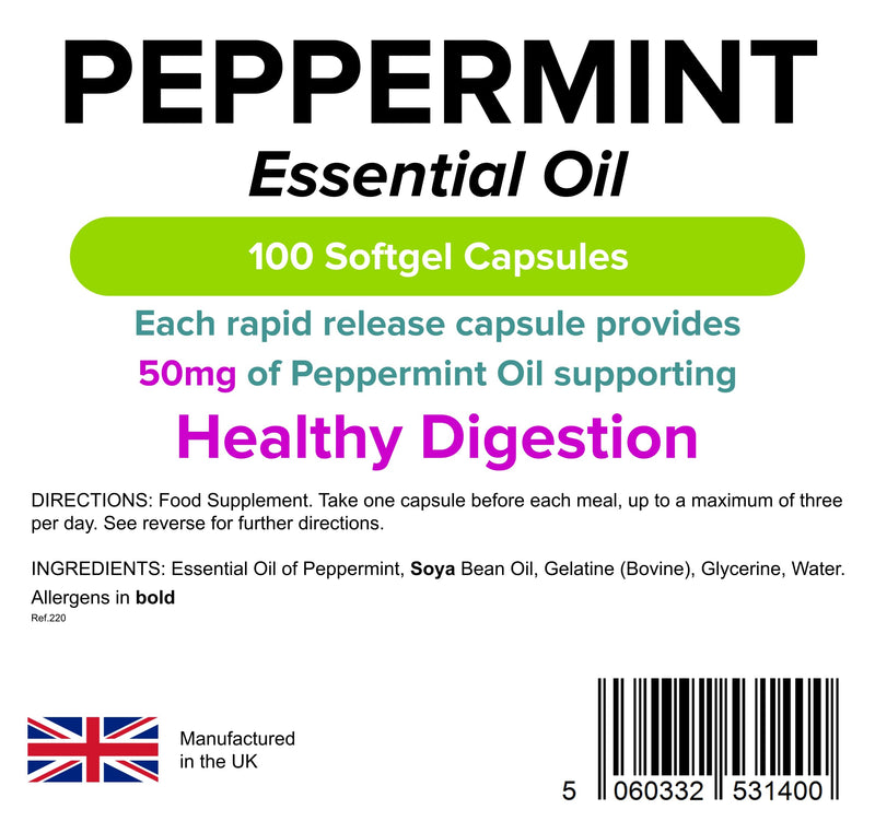 [Australia] - Lindens Peppermint Oil 50mg Capsules - 100 Pack - Essential Oil of Peppermint Supporting Healthy Digestion. - UK Manufacturer, Letterbox Friendly 100 Count (Pack of 1) 