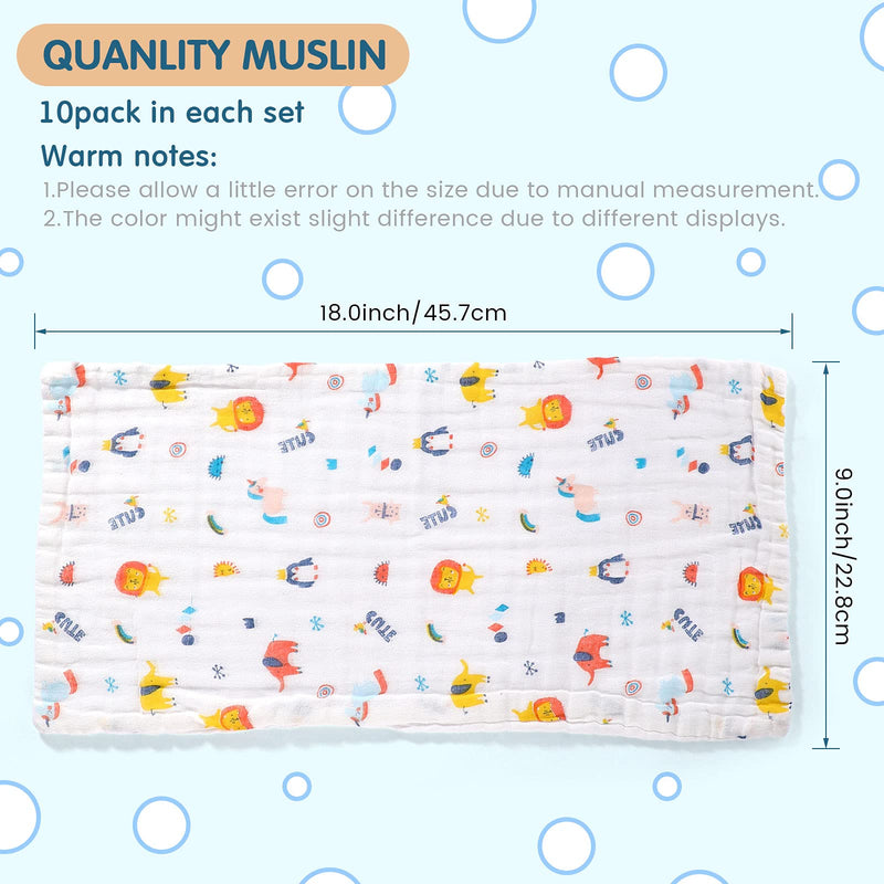 [Australia] - 10 Pieces Baby Burp Cloth 10 x 20 inches 6 Layer Soft Absorbent Muslin Newborn Towel for Baby Shower Machine Washable, for Sensitive Skin Baby (Animal Pattern) Animal Pattern 