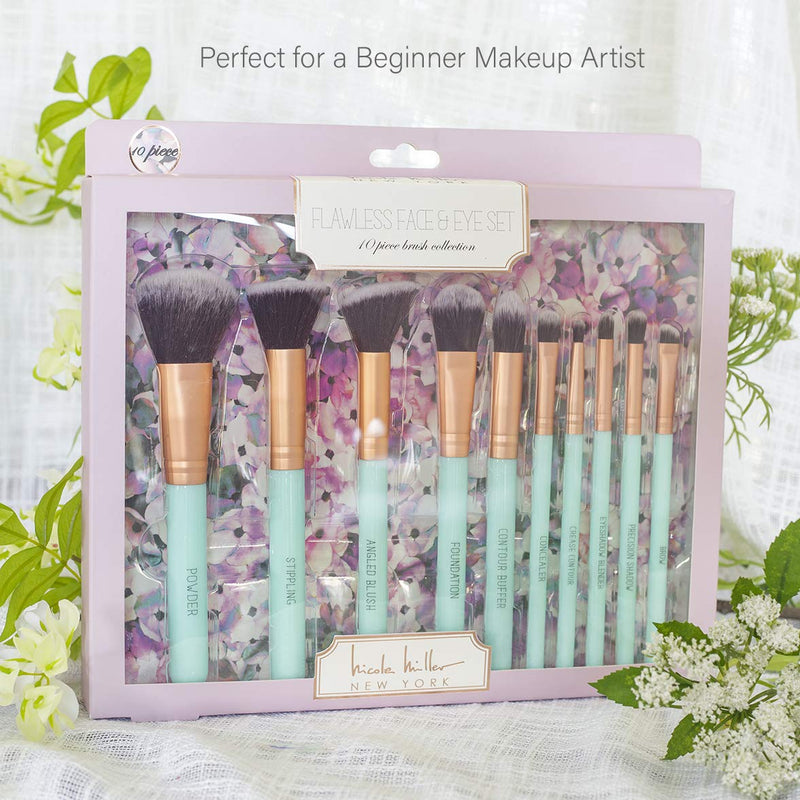 [Australia] - Nicole Miller Makeup Brush Collection, 10 Piece Makeup Brush Gift Set, Foundation Brushes, Face and Eye Makeup Brush Set (Green) 