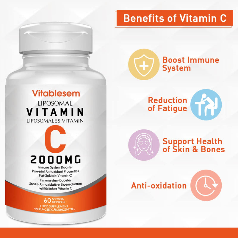 [Australia] - Liposomal Vitamin C Capsules 2000mg - High Strength Gluten Free & Vegan Ascorbic Acid - Immune Support Antioxidant Supplement - Non-GMO 60 Count (Pack of 1) 