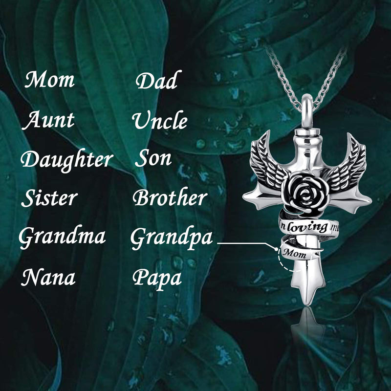 [Australia] - YSAHan in Loving Memory Cross Urn Necklace for Ashes Angel Wing Cremation Memorial Pendant Stainless Steel Waterproof Jewelry Aunt 