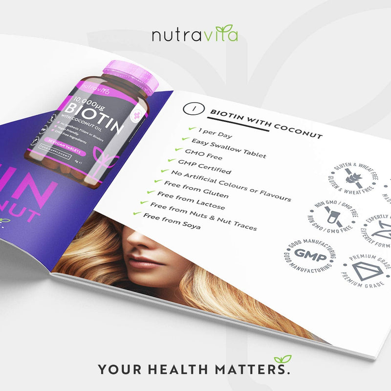 [Australia] - Biotin Hair Growth Supplement 10,000mcg - Vegan High Strength Biotin Tablets for Hair - One Month Supply Enhanced with Coconut Oil - Supports Normal Skin and Hair Growth - Made in The UK by Nutravita 30 Tablets 