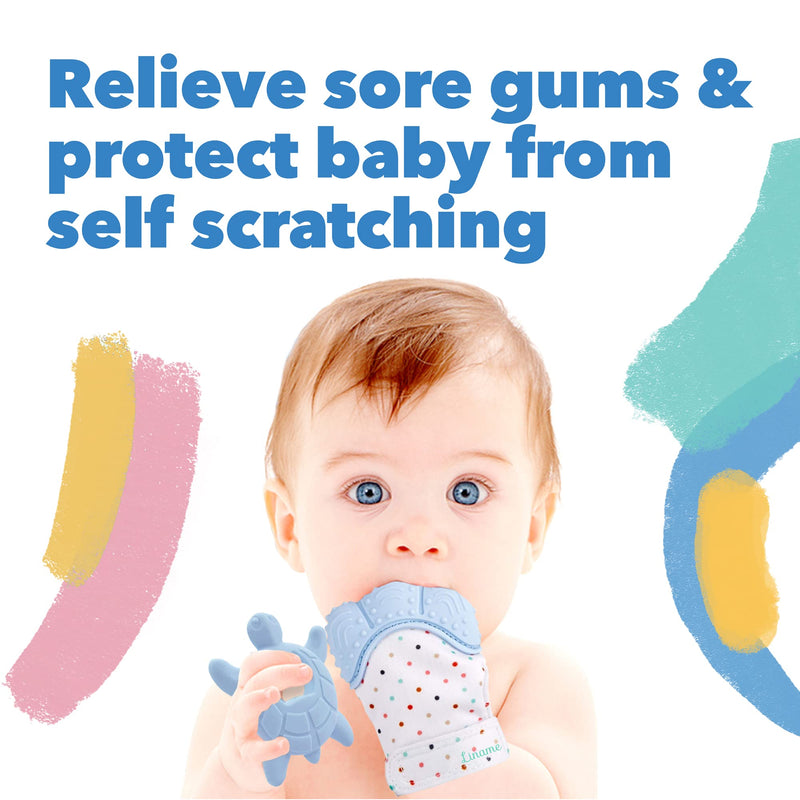 [Australia] - Liname Baby Teething Set Includes Teething Mitten for Babies & Teething Toy - Baby Chew Toy and Teething Glove - Safe(BPA Free) Infant Teething Mitt - Baby Teether Toy - Hand Teether for Babies Blue 