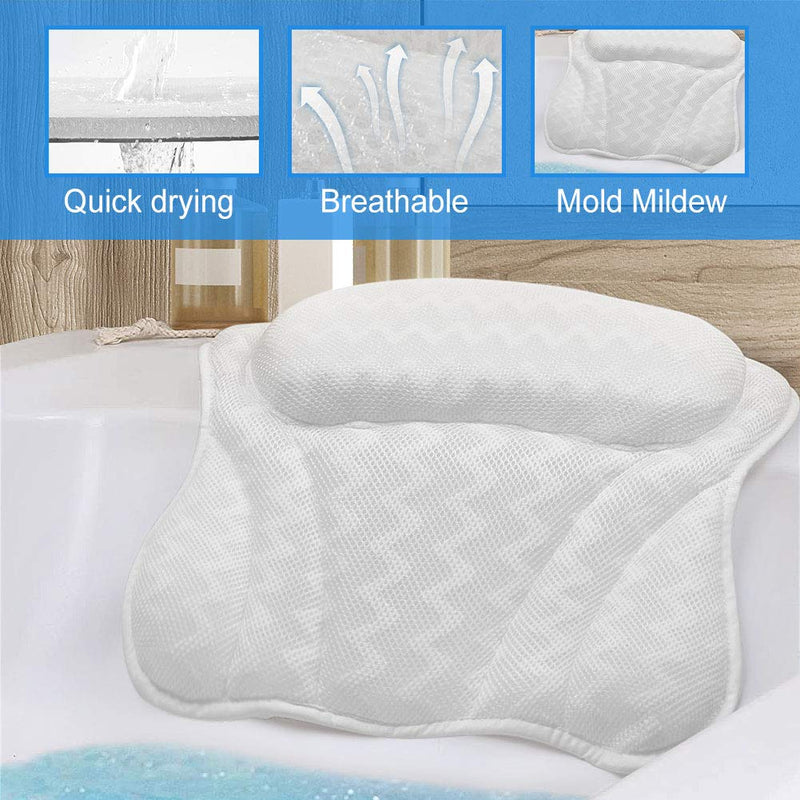 [Australia] - Bath Pillow,Lcogete Bath Pillows for Shower Tub Women Men Neck and Shoulder Support Rest 3D Air Mesh Breathable Bathtub Spa Bathroom Pillow with Power Suction Cups Washable- White 