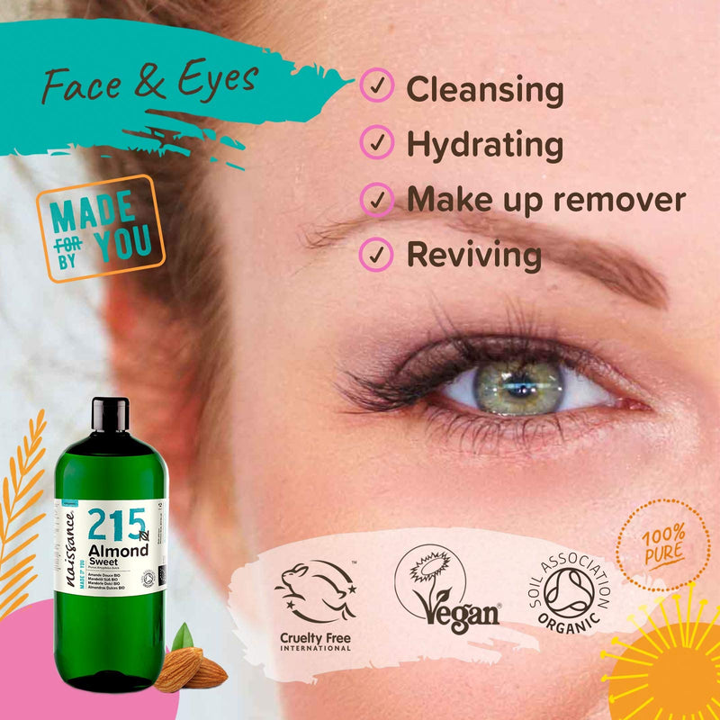 [Australia] - Naissance Certified Organic Sweet Almond Oil (no. 215) 1 Litre ‚Äì For Skin Hair Massage Nails Ears Face Body Stretch Marks - Natural Skin Care Cold Pressed Unrefined Food Grade Carrier Oil Aromatherapy 