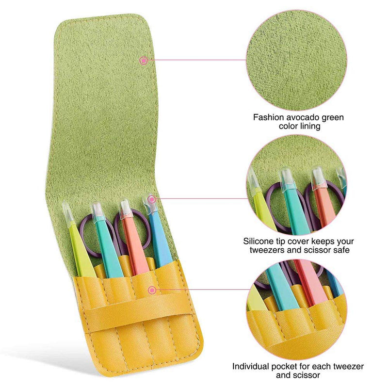 [Australia] - Tweezers Set, 4Pcs Eyebrows Tweezers and a Pair of Scissor with Leather Case, Great Precision for Eyebrow, Ingrown Hair, Splinter, Facial Hair Removal By HAWATOUR - Multi-Color 