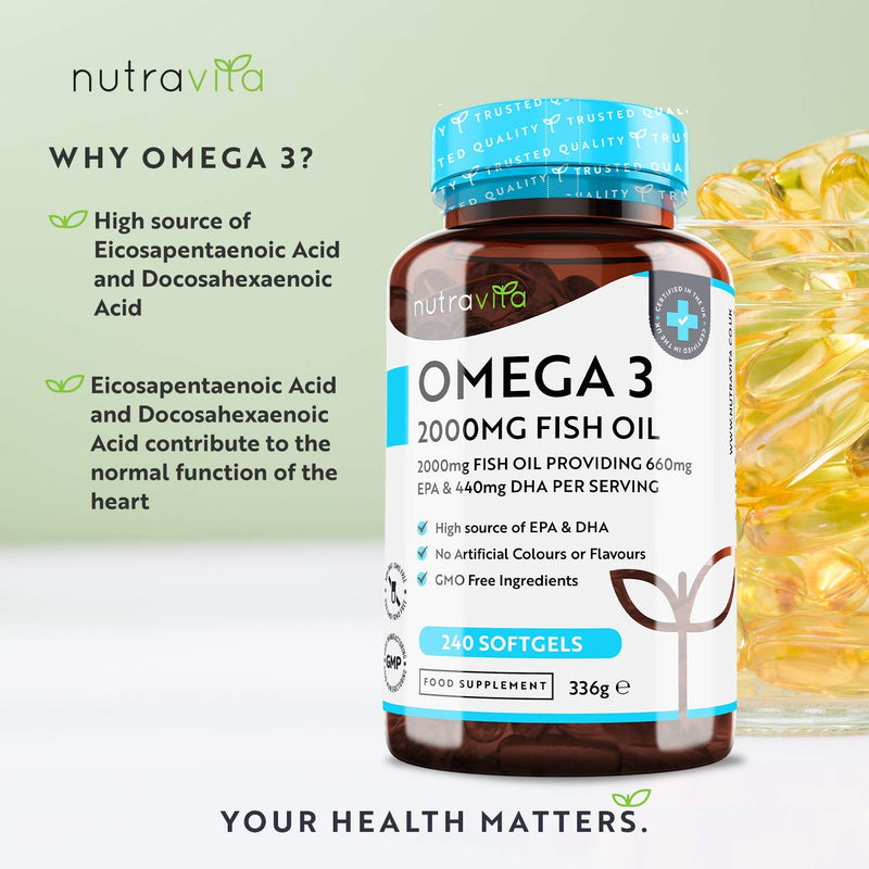 [Australia] - Omega 3 Fish Oil 2000mg – 240 High Strength Capsules (4 Month Supply) – 660mg EPA & 440mg DHA per Daily Serving – Supports Normal Heart Function – Pure Omega 3 Capsules – Made in The UK by Nutravita 