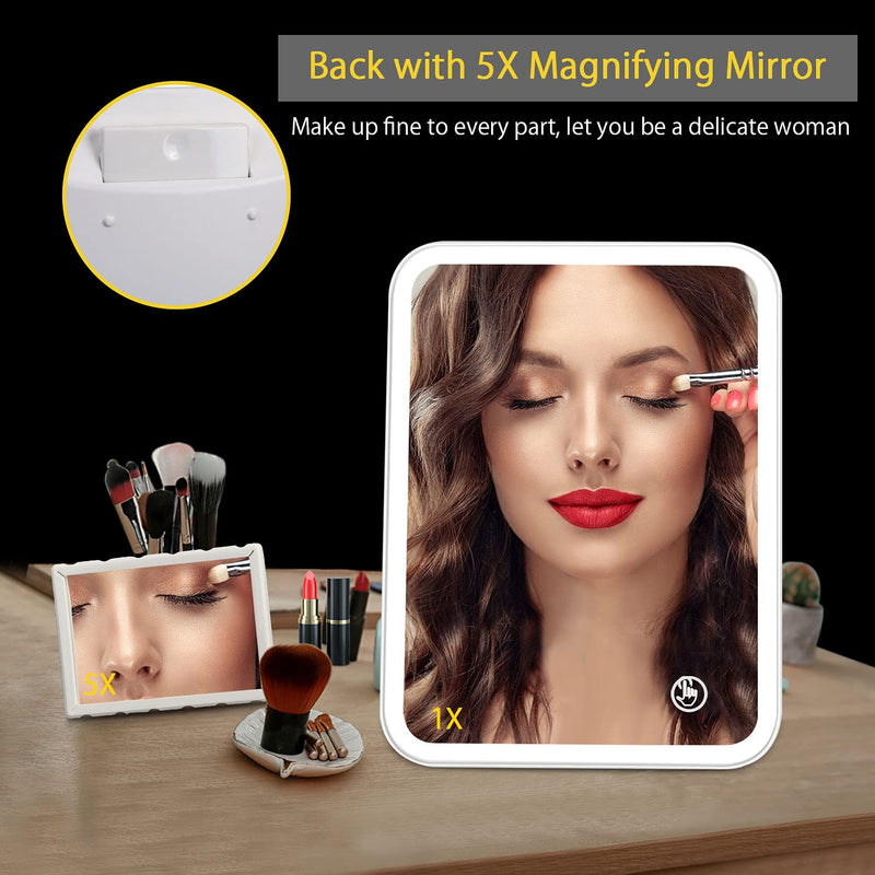 [Australia] - Colist Lighted Makeup Mirror Touch Screen LED Vanity Mirror Brightness Adjustable USB Rechargeable Travel Portable Light up Mirror for Desktop/Wall use (Back with 5X Magnifying Mirror) Monochrome Led 