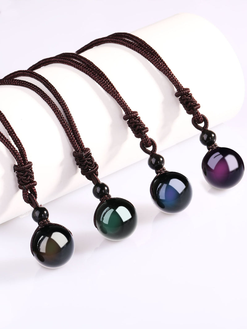 [Australia] - 4 Pack Natural Black Obsidian Necklace Double Rainbow Eye Beads Lucky Blessing Necklace, 16 mm 