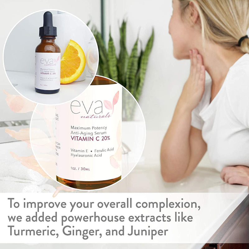 [Australia] - Eva Naturals Vitamin C Serum 20% for Face, Anti-Aging Formulation with Ferulic & Hyaluronic Acid, Vitamin E (30 ml) 