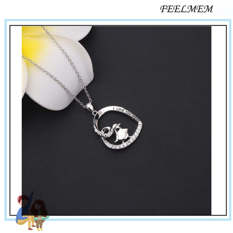 [Australia] - FEELMEM Penguin Necklace I Love You More Penguin Love Heart Pendant Necklace Mother Daughter Jewelry Gift silver 