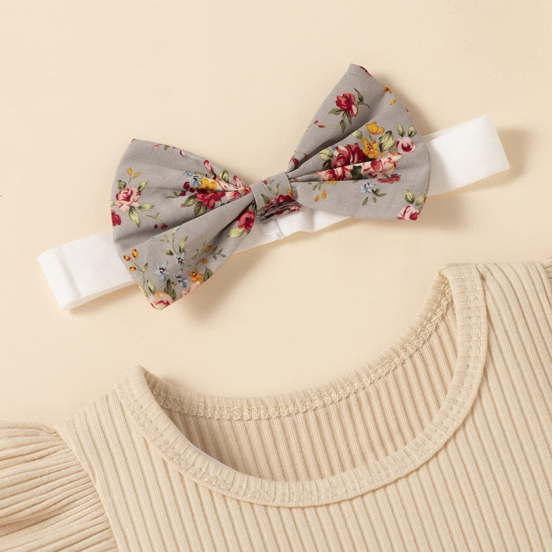 [Australia] - Newborn Infant Baby Girls Summer Clothes Sets Ruffle Sleeve Ribbed T-Shirt Floral Suspender Shorts Headband 3PCS Outfit Set Beige 0-3 Months 