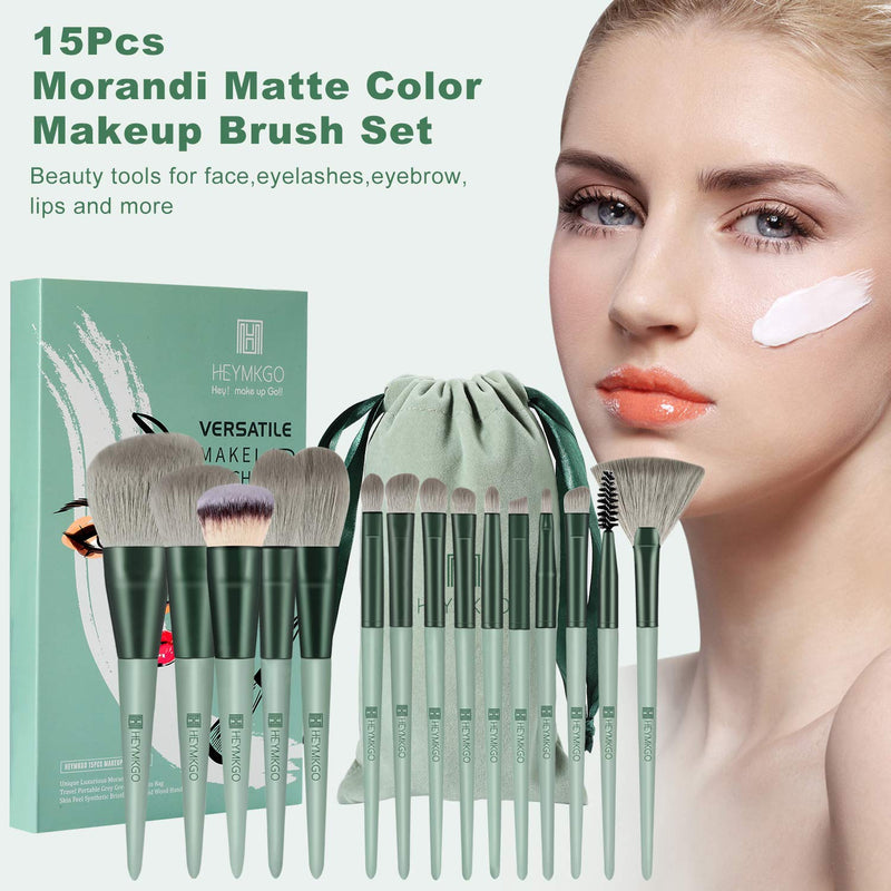 [Australia] - Makeup Brushes HEYMKGO 15pcs Makeup Brush Set Premium Synthetic Bristles Green Color Conical Handle Kabuki Foundation Brush Face Lip Eye Makeup Sets Professional with Portable Drawstring Flannel Bag 
