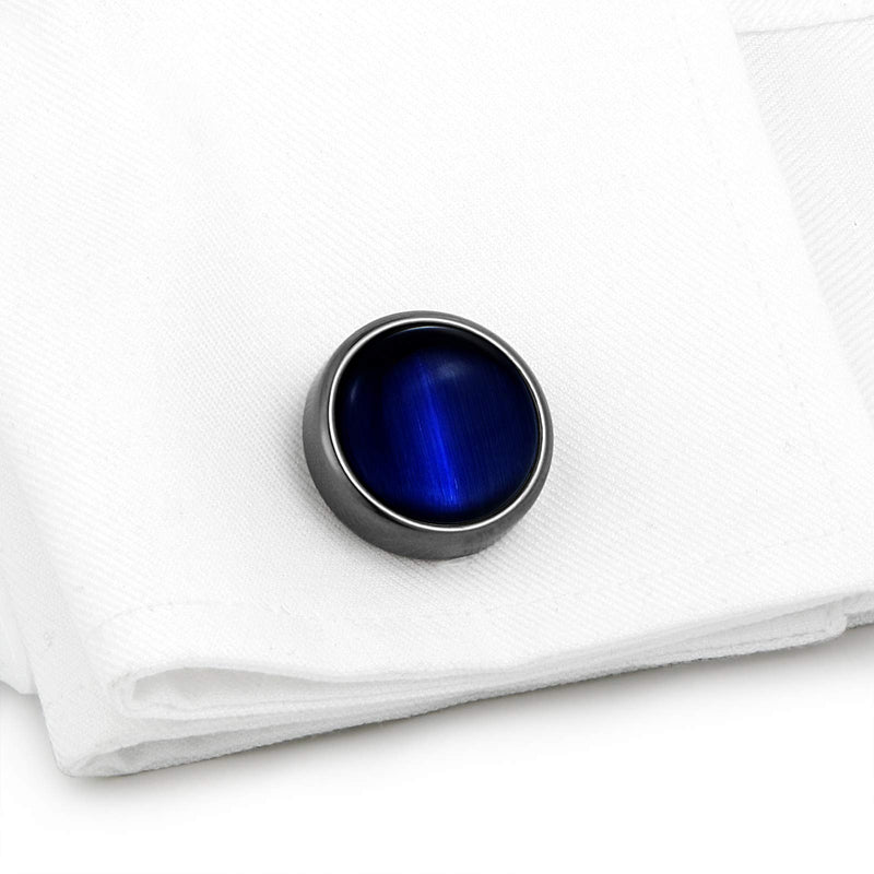 [Australia] - VIILOCK Round Cat Eye Cufflinks for Men Dark Blue Opal Cuff Links in Gun Black Business Shirt 