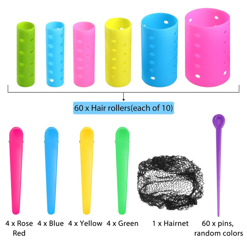 [Australia] - 141 Pieces Magnetic Hair Rollers Set Include 60 Plastic Hair Rollers for Medium Short Long Hair with 60 Pins, 20 Duck Teeth Hair Clips and Hairnet Hairdressing Tool, Random Color (6 Sizes) 