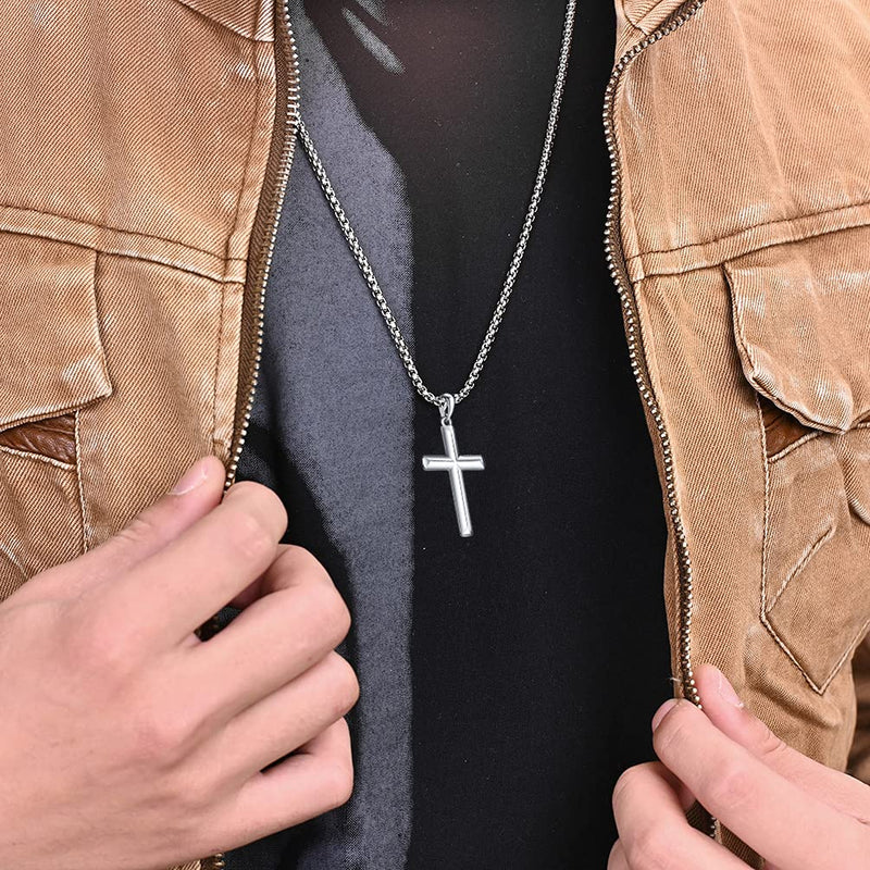 [Australia] - Men's Sterling Silver Cross Pendant Necklace with Stainless Steel Chain,Fine Jewelry for Men Boys 22.0 Inches 