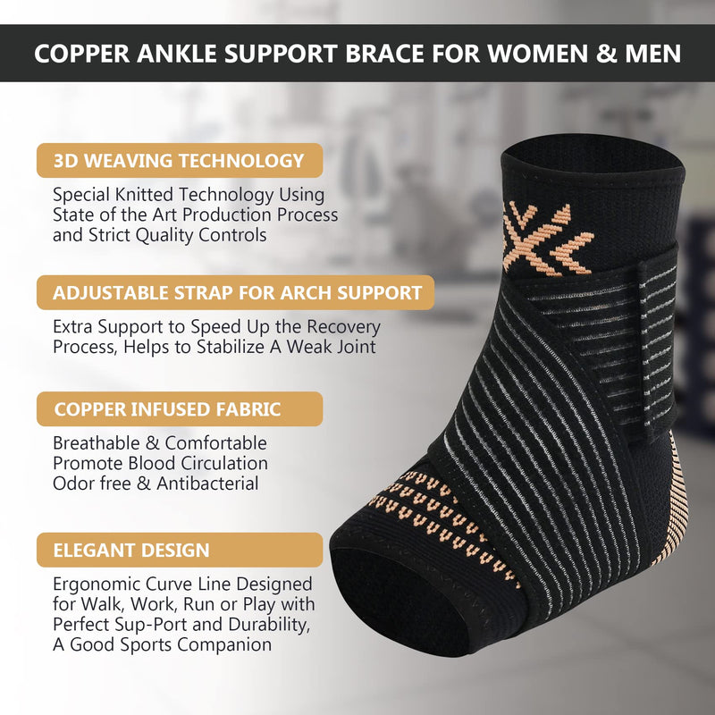 [Australia] - Copper Ankle Brace Compression Sleeve Support for Women & Men - Adjustable Strap for Arch Support - Plantar Fasciitis Brace for Sprained Ankle, Achilles Tendonitis Pain, Injury Recovery, Running Large copper black 