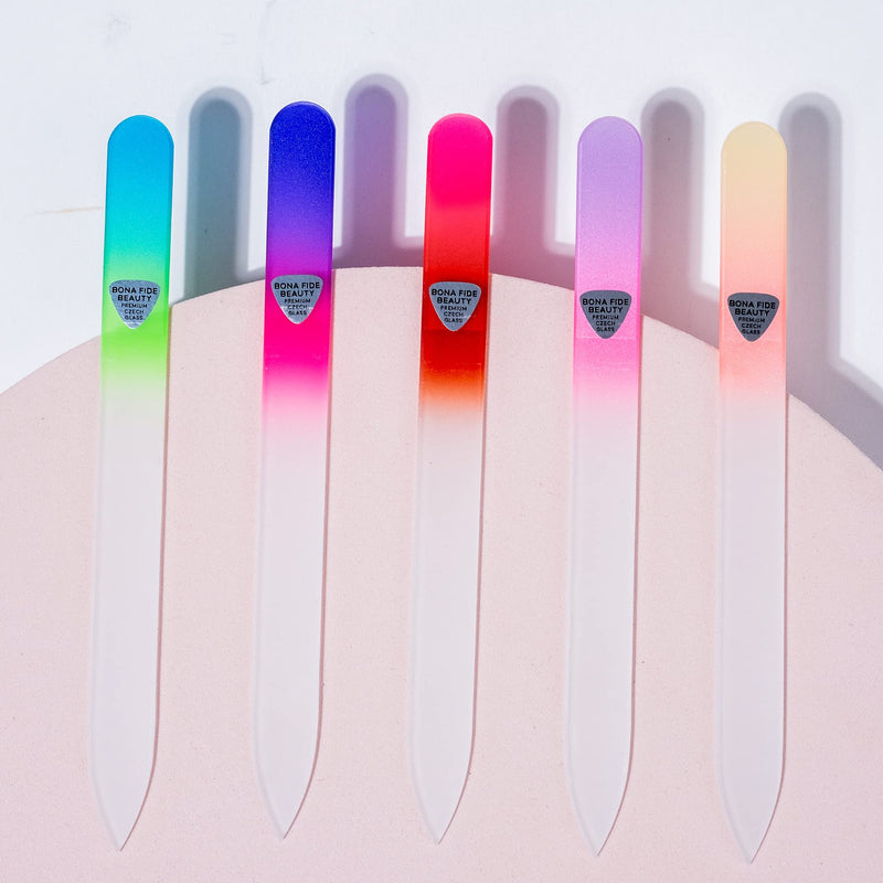 [Australia] - 5-Piece Glass Nail File Set with Hard Cases, Professional Manicure Glass Fingernail Files, Gently Shape Nails with Expert Precision & Enjoy a Smooth Finish - Bona Fide Beauty Premium Czech Glass Tealpurpleyellow 