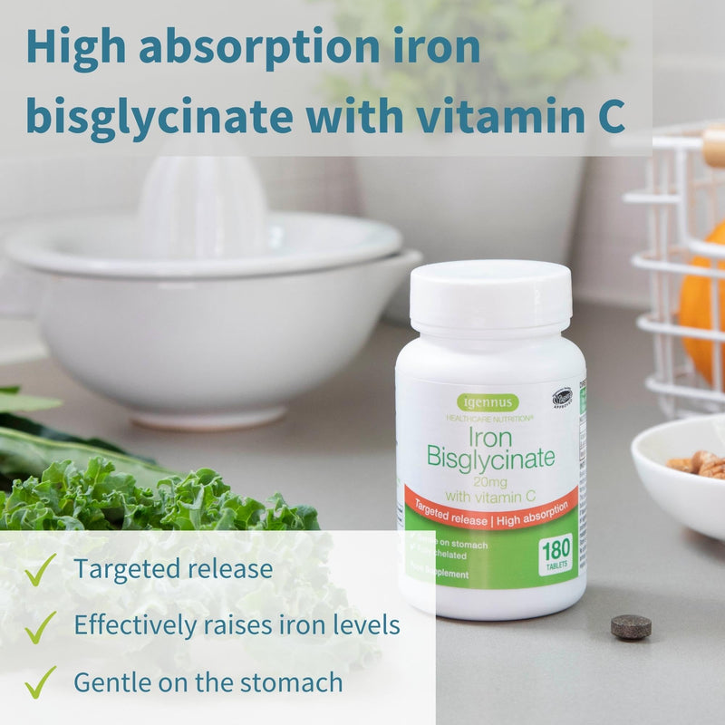 [Australia] - High Absorption Chelated Iron Bisglycinate 20mg with Vitamin C, Gentle Formula, Clean Label & Targeted Release, One Daily, Vegan, 180 Tablets, by Igennus 