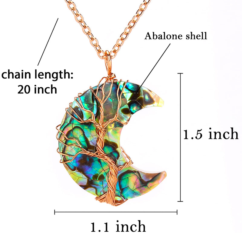 [Australia] - Farfume Crescent Moon Necklace, Tree of Life Wire Wrapped Crystal Pendant Jewelry Natural Gemstones Quartz Abalone shell rose gold plating 