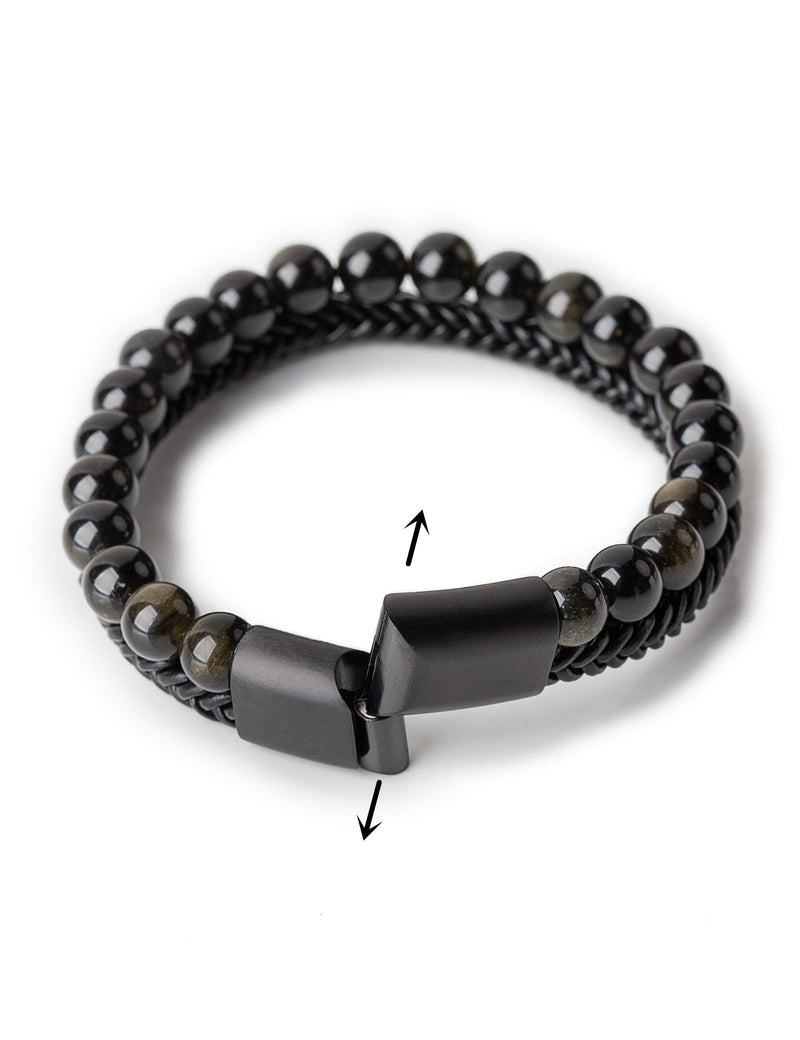 [Australia] - Matte Stone Mens Bead Leather Bracelet Natural Bead and Leather Stainless Steel Magnetic Closure Bracelet for Men Black 7.5 Inches 