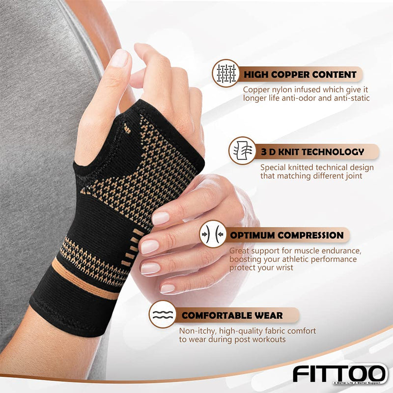 [Australia] - FITTOO Copper Wrist Compression Sleeve, Copper Infused Wrist & Hand Compression Sleeve Brace for Improve Circulation, Relieve Wrist Discomfort,Tendonitis, Sprains, Sports, Gym Workout Black Small (Pack of 1 Pcs) 